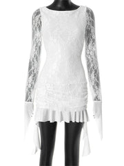 Lunivop Lace Printed Ruffled MIni Dress Women See-Through Tassel Elegant Patchwork Party Dress Gown Female Bandage Bodycon Dress