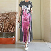 Lunivop Women's new summer American fashion pink skirt printed round neck pearl hanging chain split fork long dress