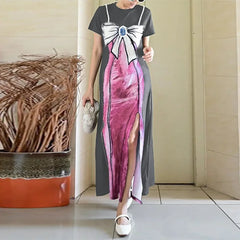 Lunivop Women's new summer American fashion pink skirt printed round neck pearl hanging chain split fork long dress