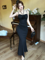 Lunivop Women New Red Sexy Bow Flower Sling Long Dress Summer Elegant Ruffled Luxury Dress 2025 Korean Vintage Bodycon Dance Party Dress