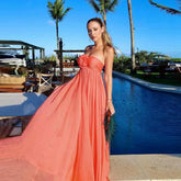 Lunivop Pretty Coral Red Summer New Women's Sexy Strapless Flower Draped Bandage Dress Floor Length Tulle Party Club Vestido With Lining