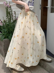 Lunivop Korean Floral Women Long Skirts Loose Summer High Waist Sweet A Line Skirt Casual Vintage Prairie Chic Female Long Skirt