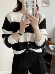 Lunivop Women's Acrylic Long Sleeve O-Neck Button-Down Striped Cropped Knit Cardigan Ladies Autumn Winter Korean Fashion Knitwear