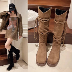Lunivop Women Suede Knee High Boots New Fashion Tassels Western Cowboy Boots Round Toe High Heels Shoes Roman Female Long Boots