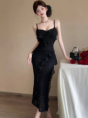 Lunivop White Lace Jacquard Chic Ruffled Casual Long Dress Women Elegant Beach Style Sling Dress Summer Korean Fashion Party Dress