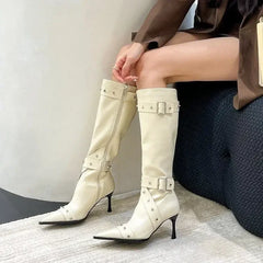 Lunivop Autumn Winter Women Knee High Boots New Fashion Belt Buckle Slim Long Booties Thin High Heel Ladies Pointed Toe Short Boots
