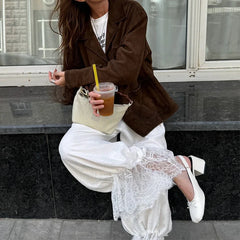 Lunivop Linad Vintage Loose Lace Pencil Pants For Women White Elegant Elastic Waist Trousers Street Chic Ankle Length Pants Summer
