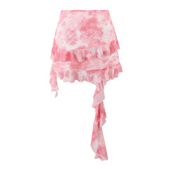 Lunivop Sexy Package Hip Pink Print Ruffle Ribbon Mini Dress Women Elastic Waist Holiday Boho Beach Summer Skirts New