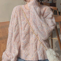 Lunivop Pastel Pink Cable Knit Sweater Pullovers Women Teen-girl Long Sleeve Crew Neck Cozy Jumper Soft Girl Fairy Kei Harajuku Outfit