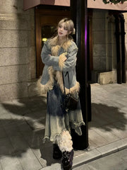 Lunivop Y2k Aesthetics Blue Denim Pocket Jacket Vintage Grunge Fur Patchwork Jacket Harajuku Winter Single Breasted Streetwear Coats