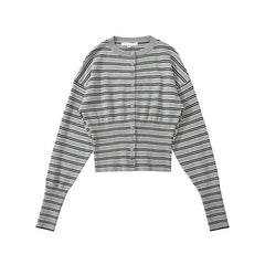 Lunivop Casual Autumn Striped Knit Cardigan Women Long Sleeve O Neck Slim Short Outerwear Tops
