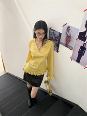 Lunivop Fall 2025 Fashion Woman Yellow Long Sleeve Blouse Ruffles Flare Sleeve V Neck Fashion Top Ladies Blouses Autumn Clothes