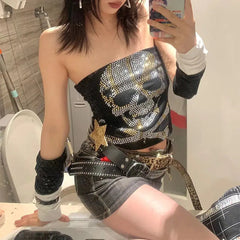 Lunivop Punk Women's Tube Top Rhinestones Skull Y2k Sexy Sleeveless Vests Slim Fit Corset Top Harajuku Summer Clothes Coquette Bustier