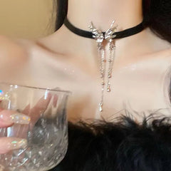 Lunivop Y2K Goth Fashionable Silver Color Metal Butterfly PU Choker Sexy Black Necklace For Women Lady Neck Jewelry 2000s Accessories