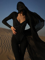 Lunivop Striped Long Sleeve Skinny Jumpsuits For Women Rompers Autumn New Zipper Deep V Neck Fitness Sporty Jumpsuit Fashion