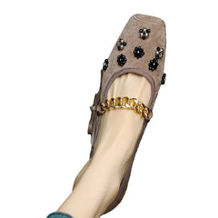 Lunivop Fashion Women's Flat Shoes Square Toe Metal Chain Casual Shoes for Woman Breathable Slip-on Outdoor Soft Bowknot Mary Jane Shoes