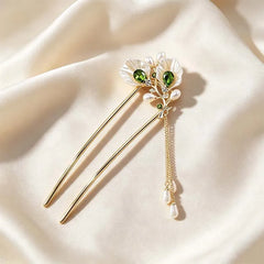 Lunivop New Chinese Style Green Zircon Flower Hair Stick For Women Vintage Imitation Pearl Tassel Hair Stick Hair Accessories
