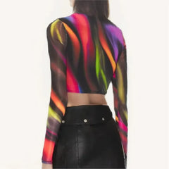 Lunivop Y2K Gradient Colored Stretch Mesh T Shirt Women O neck Through Open Buttons Skinny Slim T-shirt Tee Tank Tops