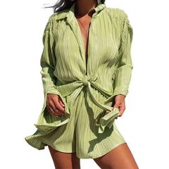 Lunivop Summer Women's Lapel Long Sleeve Shirt Shorts Casual Suit