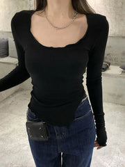 Lunivop Long Sleeve T-shirts Women Fungus Line Irregular Hem Knitted Slender Autumn Bottoming Tees Chic Fashion Sexy Solid Ulzzang New