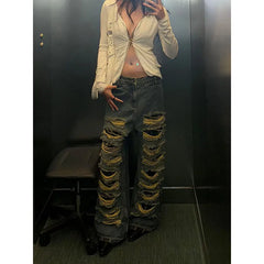 Lunivop Women's Blue Gothic Y2k Ripped Jeans Baggy Harajuku Denim Trousers Vintage Emo Jean Pants Japanese 2000s Style Trashy Clothes