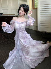 Lunivop Summer Elegant Print Fairy Long Dresses for Women French Off Shoulder Ruffles A-Line Birthday Party Dress One Piece Vestidos New