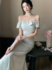 Lunivop Sexy Solid Off Shoulder Mermaid Dresses Summer Slim Waist Vestidos Mujer Elegant Ruffles Slash Neck Bodycon Evening Party Dress