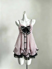 Lunivop Japanese Vintage Lolita 2 Piece Sets Women Sweet Ruffle Short Tops High Waist Mini Dress Suits Kawaii Y2k Casual Fashion Outfits