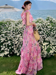 Lunivop French Chic Ruffles Floral Print Dresses For Women Backless Beach Style Cake Dress Female Long Vestidos Summer Maxi Dress