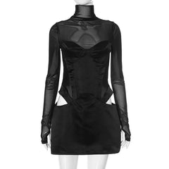 Lunivop Black Mesh Patchwork Mini Dress for Women Sexy Hollow Out Bodycon Dresses Fashion Long Sleeve Turtleneck Club Party Dress