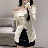 Lunivop Off Shoulder Knit Top for Women Button Front Long Sleeve Off-The-Shoulder Ribbed Fitted Tops Women Pullovers Sweater Y2K Outfit