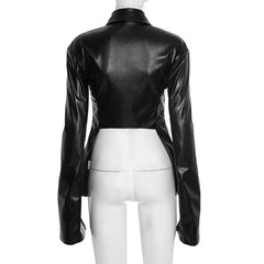 Lunivop Asymmetrical PU Leather Jackets Women Turn Down Collar Hollow Out Zip-up Long Sleeve Slim Coat Y2K Streetwear Cardigan Clubwear