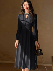 Lunivop Elegant French Satin Vintage Midi Dress Spring New Office Lady Lace-up Long Sleeves Slim Wasit Korean Chic Vestidos Basics