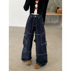 Lunivop Women's Jeans Dark Blue High Waist Loose Drape Feeling Street Baggy Wide Leg Pants Hip Hop Vintage Straight Y2K Autumn Trousers