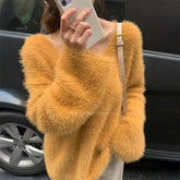 Lunivop Fuzzy Mohair Knit Sweater Pullover Women Cozy Long Sleeve V-Neck Plain Jumper Soft Knitwear Teen-girl Fall Winter Casual Outfit