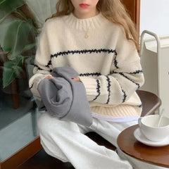 Lunivop Oversized Striped Sweater Mock Neck Pullover Women Cozy Knit Long Sleeve Jumper Fall Winter Korean Fashion Casual Daily Outfit