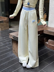 Lunivop Cute Bow Casual Pants Women Plaid Patchwork High Waist Wide Leg Trousers Japan Loose Vintage Lady Spring Kawaii Sweet Pants