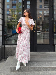 Lunivop Floral Ruffles Patchwork Maxi Dress Women Summer V-neck Puff Sleeve High Waist Fashion Robes Lady Elegant Prty Long Drsss 2025