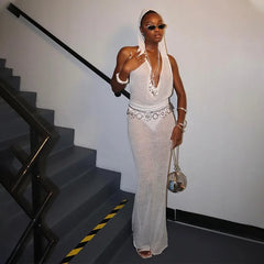 Lunivop Summer Sexy Spicy Girls See Through Backless Long Dress Women Hooded Swinging Collar Sleeveless Beachwear Bikini Cover Up