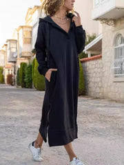 Lunivop Autumn and Winter Fashion New Women's Warm and Loose Hoodie Dress Commuting Style Casual Hooded V-neck Slit Hoodie Long Skirt