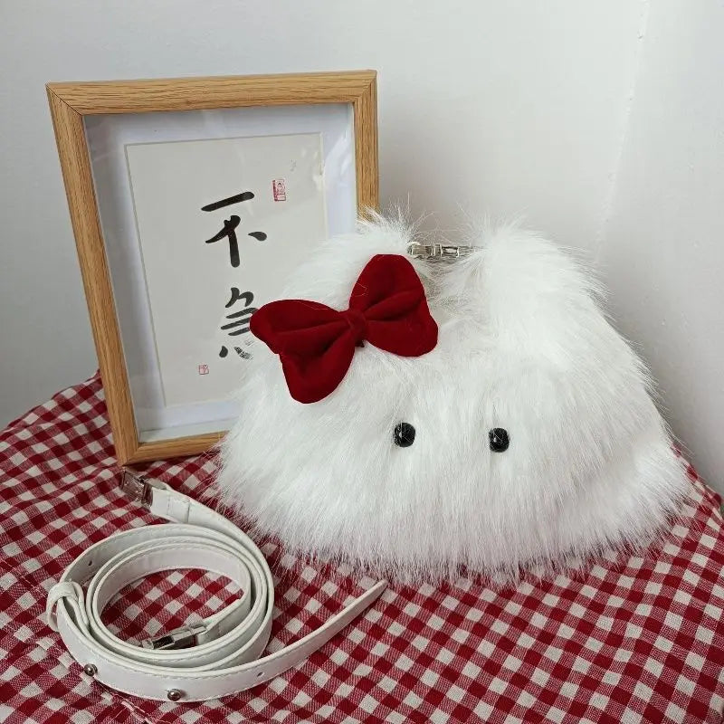 Lunivop Plush Cute White Y2k Messenger Bag Women New Harajuku Aesthetic Fur Soft Bow Chic Mini Bags Ladies Casual Crossbody Bags