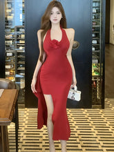Lunivop Summer Red Elegant Chic Flower Neck-mounted Dress Women Korean Fashion Bodycon Slit Long Dress 2025 New Festival Evening Dresses