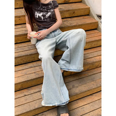 Lunivop Women's Light Blue Buckle Design Thin Jeans Summer Cool Girl Simple Bottoms Vintage Baggy Trousers Female Denim Straight Pants