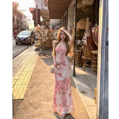 Lunivop Summer Floral Boho Dress Women Sleeveless Slim Fit Party Midi Dress Mesh Patchwork Long Bodycon Elegant Beach Holiday Dress