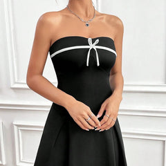 Lunivop BKLD Lady Birthday Party Outfit Strapless Contrasting Design Bowknot Patchwork Sleeveless Backless High-waist Pleated Mini Dress
