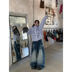 Lunivop Women's Retro Wide Leg Baggy Casual Denim Trouser Harajuku Washed High Waist Loose Jeans 2024 Autumn Blue 2000s Pants