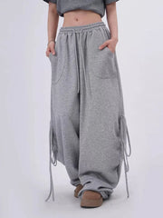 Lunivop Streetwear Gray Sweatpants Women Low Waist Loose Harajuku Pockets Pants American Casual Hip Hop Lace Up Oversize Bf Trousers New