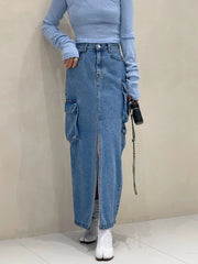 Lunivop Korean Fashion Denim Skirts Solid Color Pockets Patchwork Forked High Waist Long Skirt Spring Aummer All Match Women's Clothing