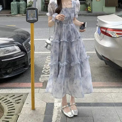 Lunivop Women's Blue-Gray Floral Print Square Neck Puff Sleeve Smocked Tiered Ruffle Maxi Dress Sheer Chiffon Summer Fairy Casual Dress