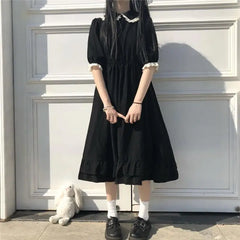 Lunivop Kawaii Doll Collar Summer Womens Dresses New Korean Fashion Black Midi Dresses Preppy Style Elegant Party Lolita Dress